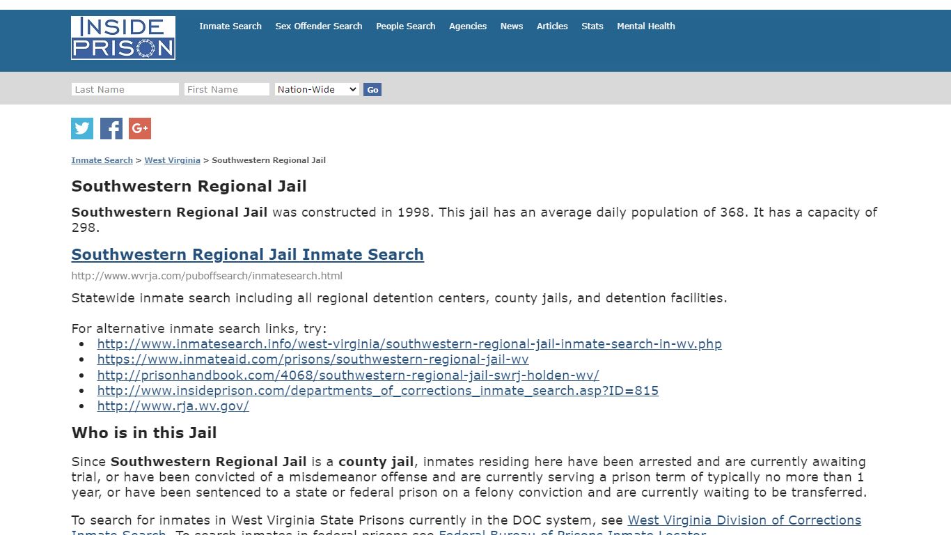 Southwestern Regional Jail - West Virginia - Inmate Search